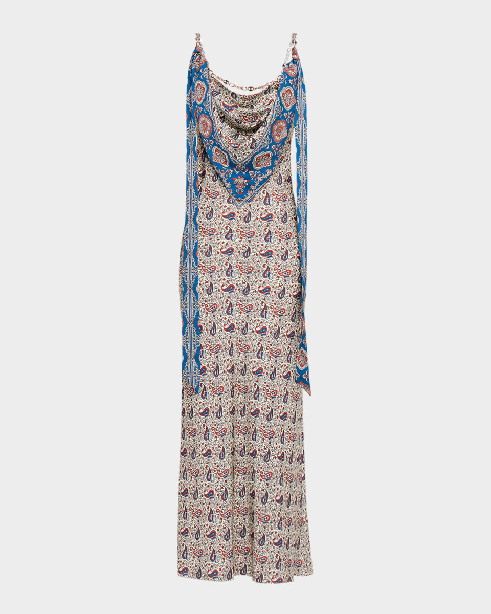 Paisley Scarf Cowl-Neck Satin Chain Maxi Dress